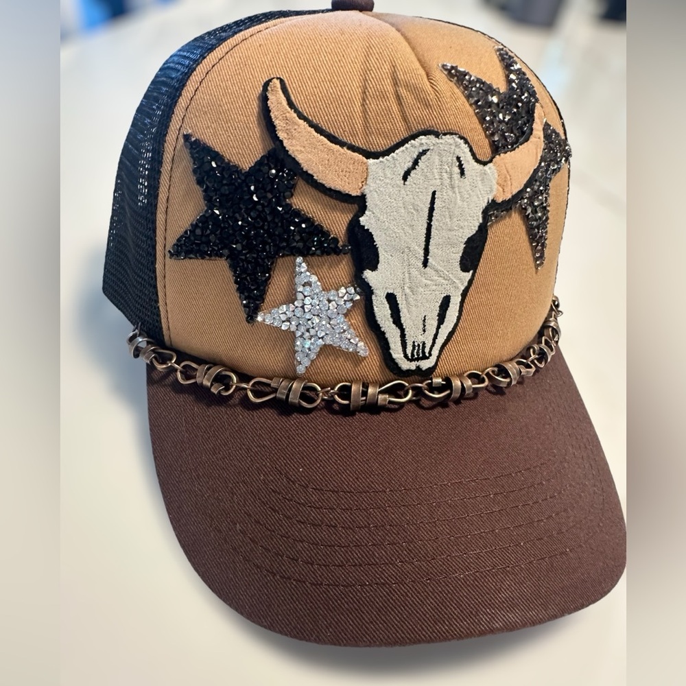 Skull Bull Brown Black Silver Stars Trucker Hat Custom Patch Cap